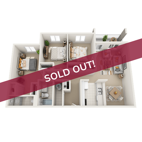 A 3D floor plan of a house with a red banner across it that says "SOLD OUT!".